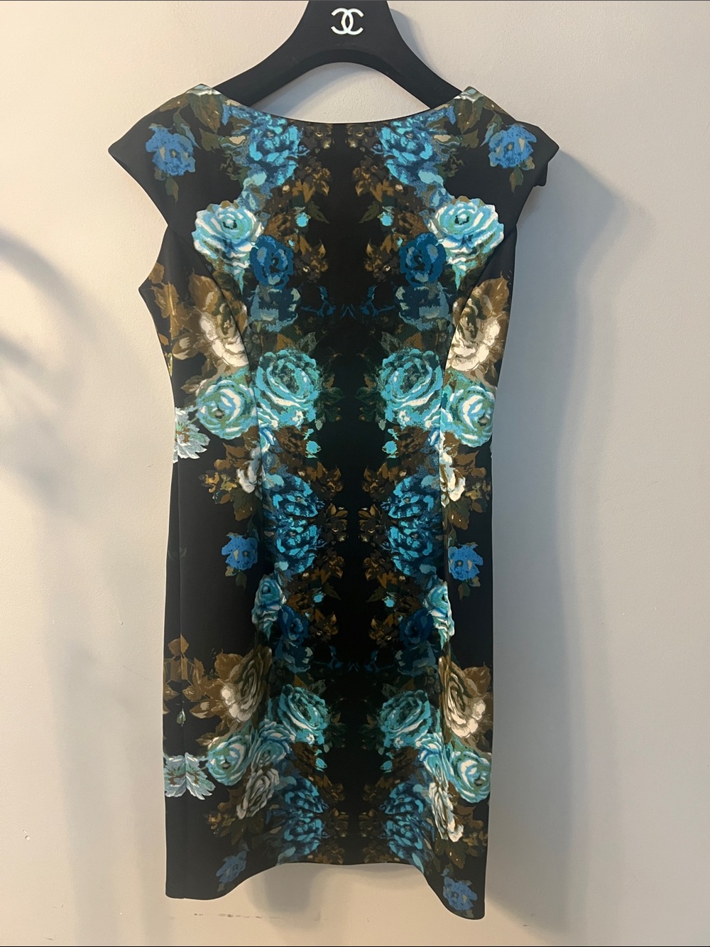 London Times Black Dress with Teal and Blue Floral Print